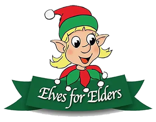 cartoon of a happy elf over a banner saying Elves for Elders