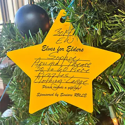 close up of yellow paper star hanging on a pine tree